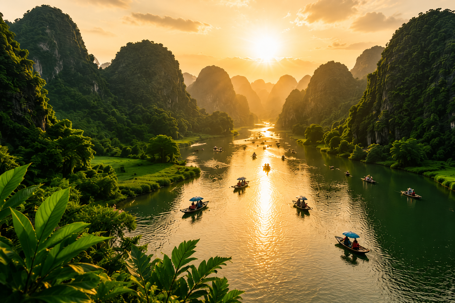 Ninh Binh Tam Coc River boats at sunset
